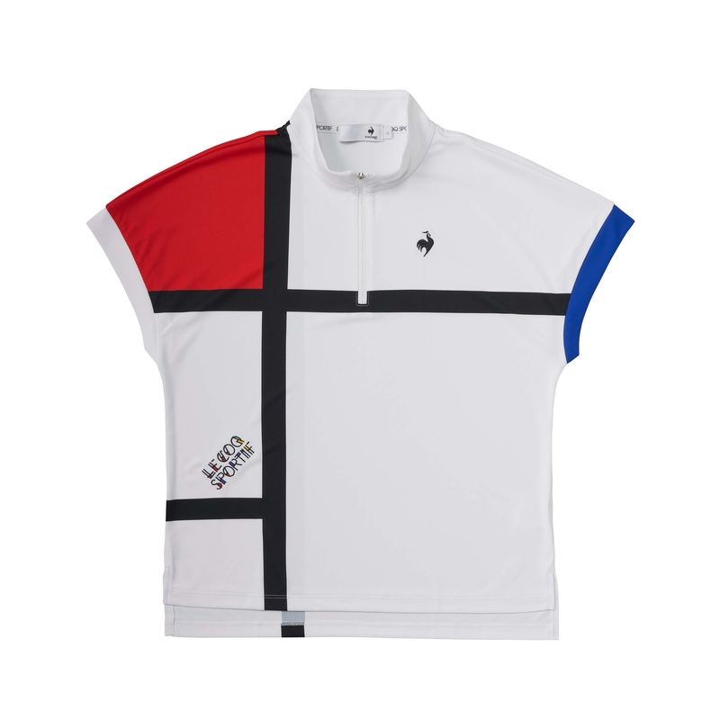 LADIES` (WIDE FIT) MONDRIAN PATTERN SHORT SLEEVE HALF ZIP SHIRT